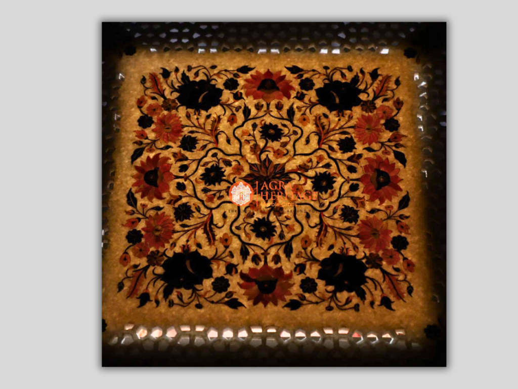 White Square Filigree Marble Table Top Multi Inlay Decor